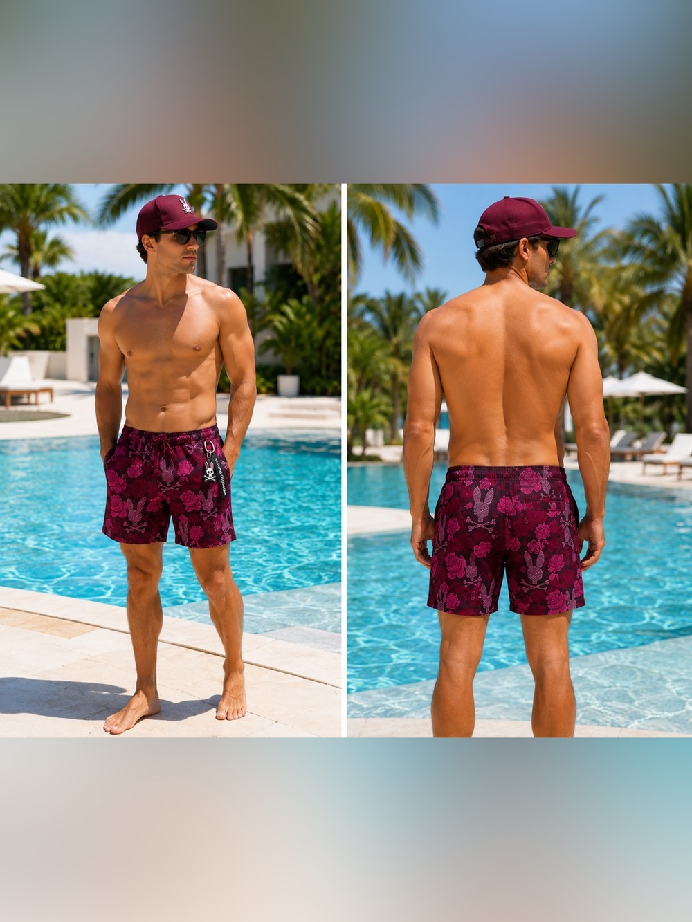 Psycho Bunny Men’s Swim Trunks Burgundy Floral Print Size M – New Without Tags